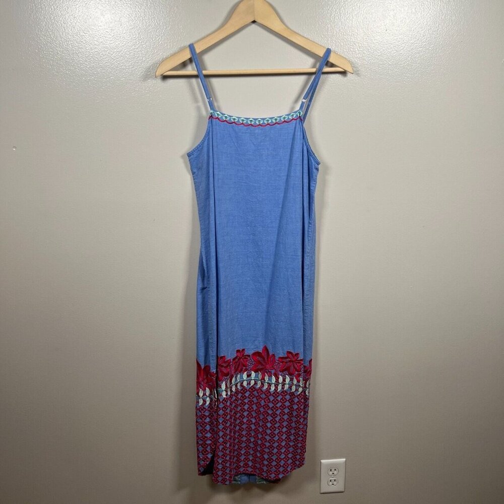 Anthropologie Blue Midi Dress with Pink Floral Embroidery - Picture 3 of 10
